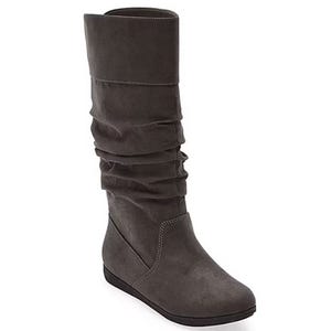 A tall, slouchy gray boot with a flat sole and stitched detailing, suitable for casual wear.