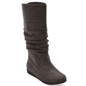 A tall, slouchy gray boot with a flat sole and stitched detailing, suitable for casual wear.