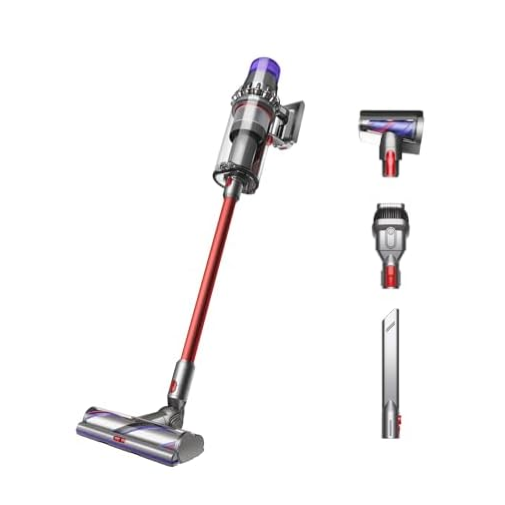 Cordless vacuum cleaner with red wand and transparent dustbin, accompanied by three attachments: a mini motorized tool, a combination tool, and a crevice tool.