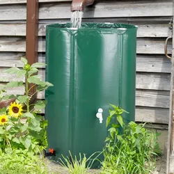 Green rainwater collection barrel with a spigot, positioned against a wooden wall by some plants.