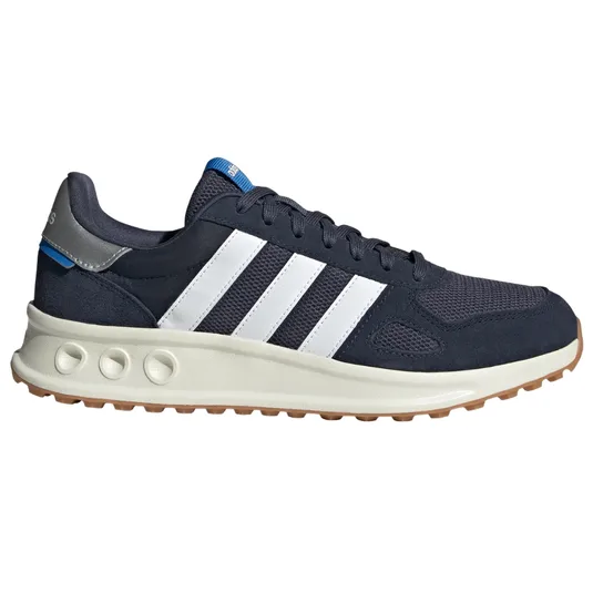 A navy blue Adidas sneaker with white stripes, featuring a white midsole with circular detailing and a gum-colored outsole.