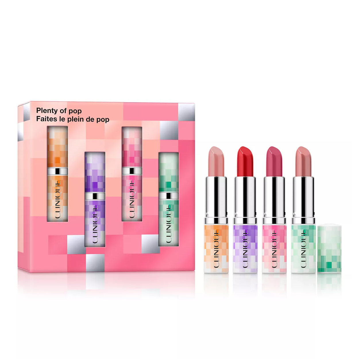 A set of five Clinique lipsticks in varied shades, displayed next to their multicolored packaging.