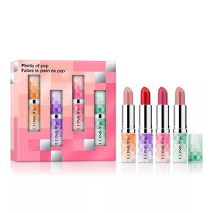 A set of five Clinique lipsticks in varied shades, displayed next to their multicolored packaging.