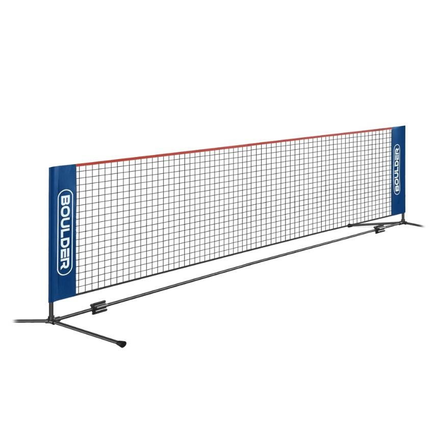 A portable net suitable for pickleball and badminton, featuring black nets with blue end posts and orange top-lining. The net has a stable metal frame with two horizontal support bars at the base.
