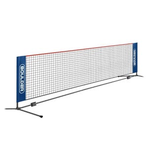 A portable net suitable for pickleball and badminton, featuring black nets with blue end posts and orange top-lining. The net has a stable metal frame with two horizontal support bars at the base.