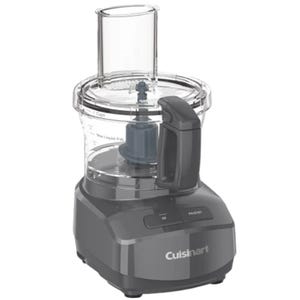 Cuisinart food processor with a transparent bowl and lid, featuring a feed tube and a handle on the side.
