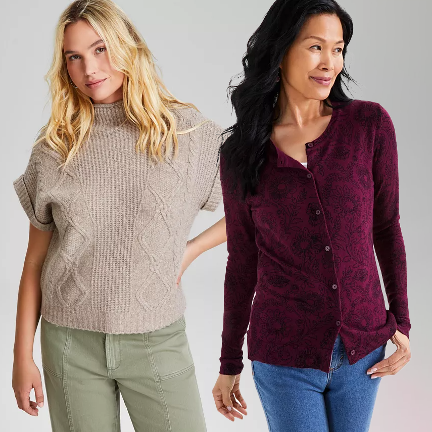 Two women are shown wearing a beige cable-knit turtleneck sweater and a patterned burgundy cardigan, respectively.