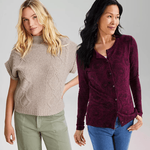 Two women are shown wearing a beige cable-knit turtleneck sweater and a patterned burgundy cardigan, respectively.