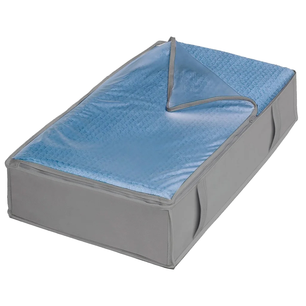 Gray under-bed storage bag with a blue quilted top and a clear plastic cover, designed to store linens or clothing while keeping them protected and organized.