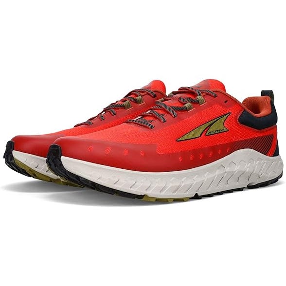 Altra Outroad 2 Men's Shoes feature a bright red design with rugged soles, designed for trail running. They offer a cushioned midsole and a breathable upper with a distinct Altra logo on the side.