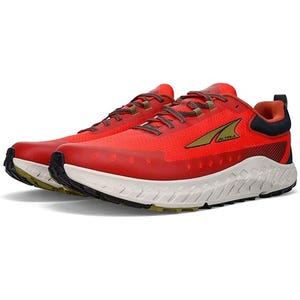 Altra Outroad 2 Men's Shoes feature a bright red design with rugged soles, designed for trail running. They offer a cushioned midsole and a breathable upper with a distinct Altra logo on the side.