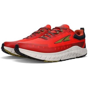 Altra Outroad 2 Men's Shoes feature a bright red design with rugged soles, designed for trail running. They offer a cushioned midsole and a breathable upper with a distinct Altra logo on the side.