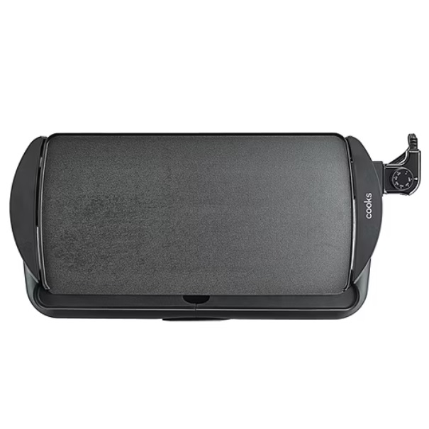Electric griddle with adjustable temperature control, featuring a rectangular cooking surface and side handles for easy handling.