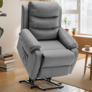 A gray reclining chair with a built-in lift mechanism, designed for assistance in standing up, features a pocket on the side and is set in a modern living room environment.