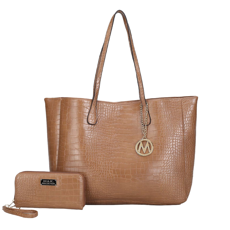 Brown faux crocodile leather tote bag with a gold \“M\“ charm, accompanied by a matching wallet.
