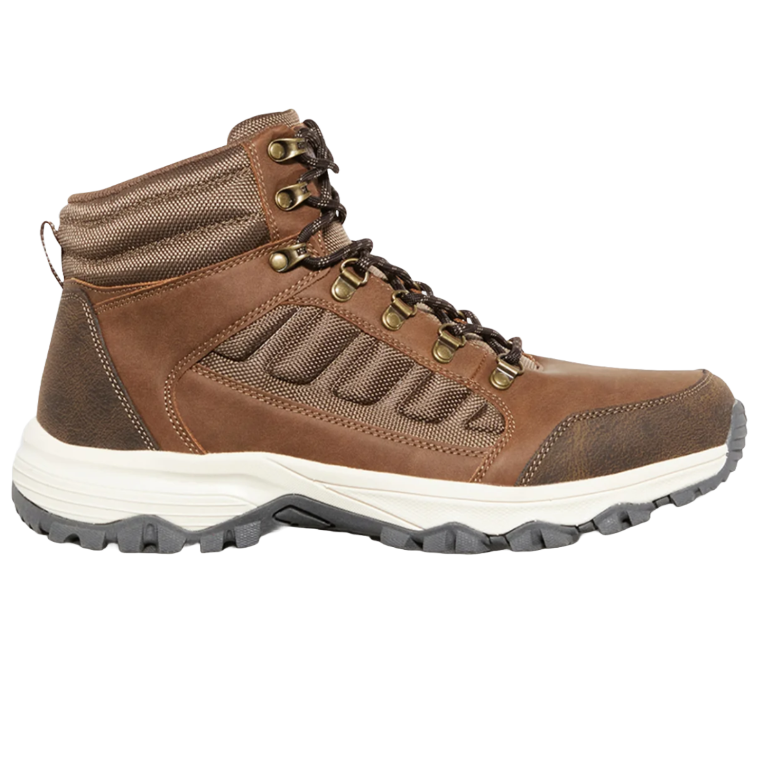 Flag & Anthem Hiking Boots are brown with a mid-top design, featuring leather and textile materials, metal eyelets for lacing, and a sturdy rubber sole with a rugged tread pattern for traction.