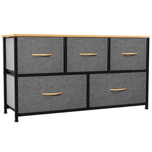 A 5-drawer dresser with a black metal frame and gray fabric drawers, featuring light wood handles and a wooden top. Ideal for storage and minimalist decor.
