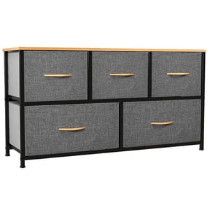 A 5-drawer dresser with a black metal frame and gray fabric drawers, featuring light wood handles and a wooden top. Ideal for storage and minimalist decor.