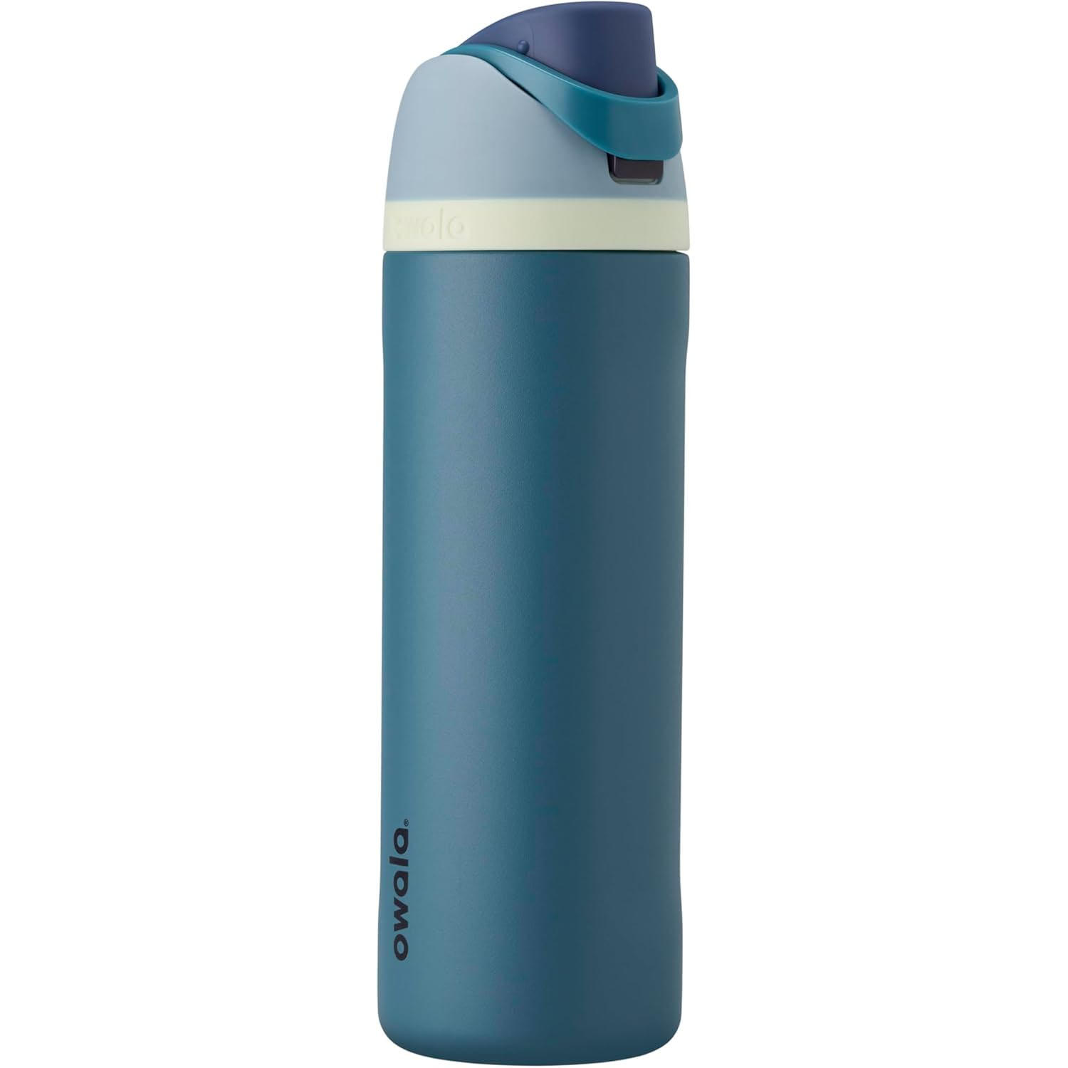 A teal Owala water bottle with a flip-top lid and ergonomic carry handle.