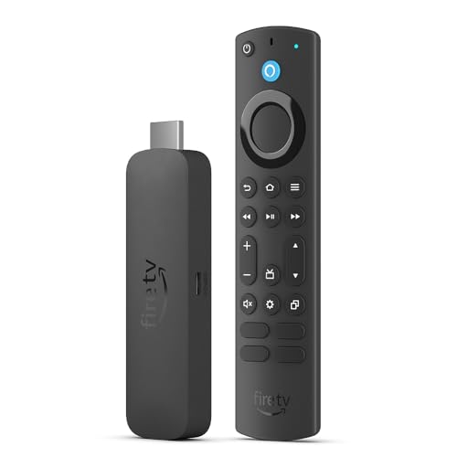 A black Amazon Fire TV Stick 4K Max and its remote control, the stick is designed to plug into an HDMI port, and the remote features a microphone button for voice commands.