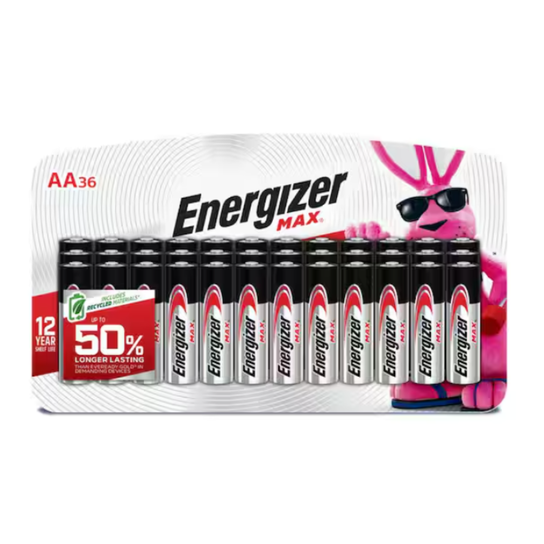 Energizer Max AA 36-pack batteries, featuring up to 50% longer-lasting power and a 12-year shelf life, with materials made from recycled content.