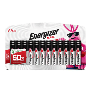 Energizer Max AA 36-pack batteries, featuring up to 50% longer-lasting power and a 12-year shelf life, with materials made from recycled content.