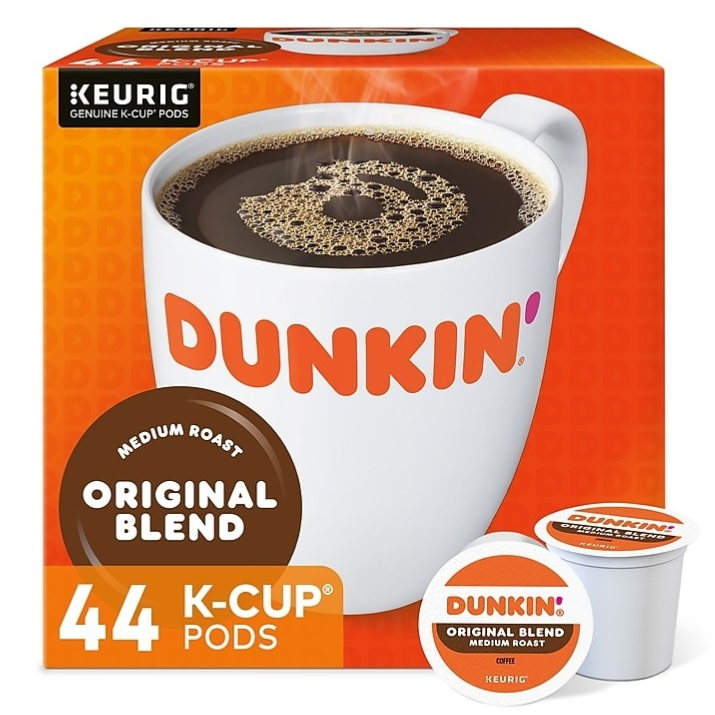 Dunkin' Original Blend Medium Roast coffee, 44 K-Cup pods for Keurig machines.