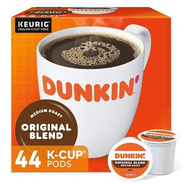 Dunkin' Original Blend Medium Roast coffee, 44 K-Cup pods for Keurig machines.