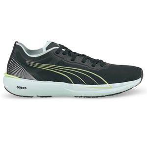Black running shoe with a light blue sole, featuring yellow accents and a \“NITRO\“ label on the side.