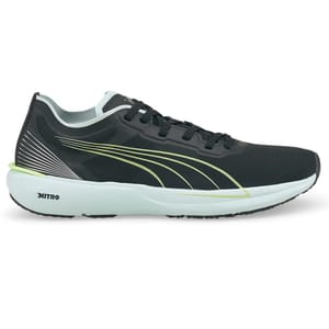 Black running shoe with a light blue sole, featuring yellow accents and a \“NITRO\“ label on the side.