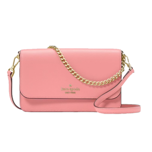 Pink Kate Spade crossbody bag with a gold chain and leather strap, featuring the brand's logo on the front flap.