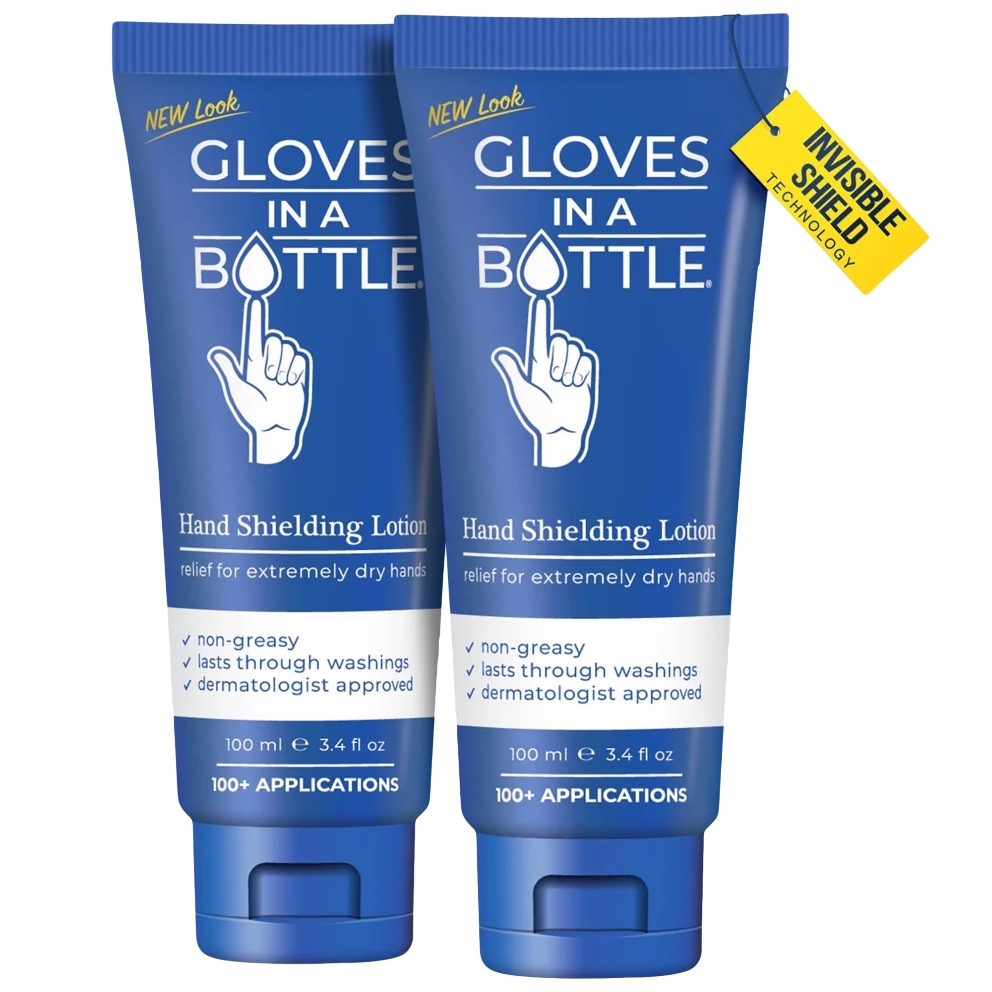 Two tubes of \“Gloves In A Bottle\“ hand shielding lotion, designed for relief of extremely dry hands. Features include being non-greasy, lasting through washings, and dermatologist-approved. Each tube is 100 ml (3.4 fl oz).