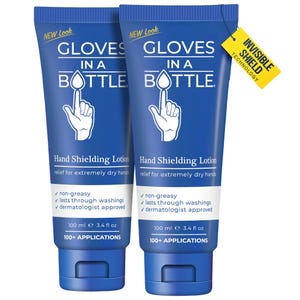 Two tubes of \“Gloves In A Bottle\“ hand shielding lotion, designed for relief of extremely dry hands. Features include being non-greasy, lasting through washings, and dermatologist-approved. Each tube is 100 ml (3.4 fl oz).