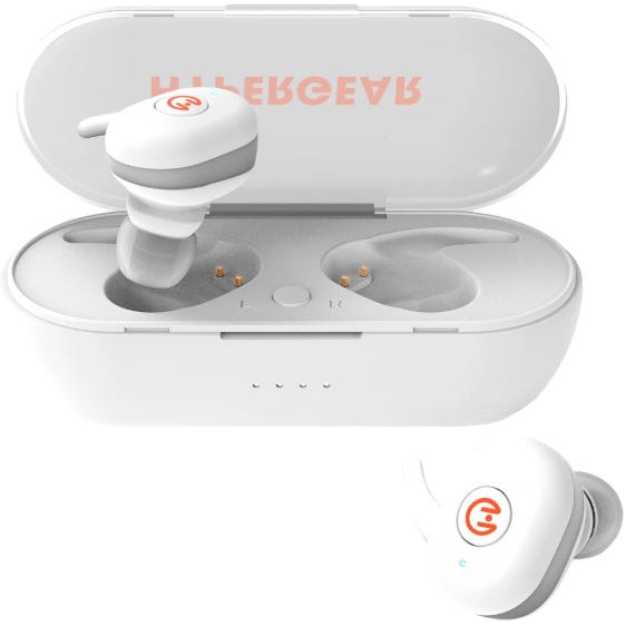 White wireless earbuds with a charging case, featuring a logo on the earbuds and case lid.