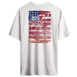 A white T-shirt featuring a graphic of a fish superimposed on an American flag in red, white, and blue, with graffiti-style text at the bottom.