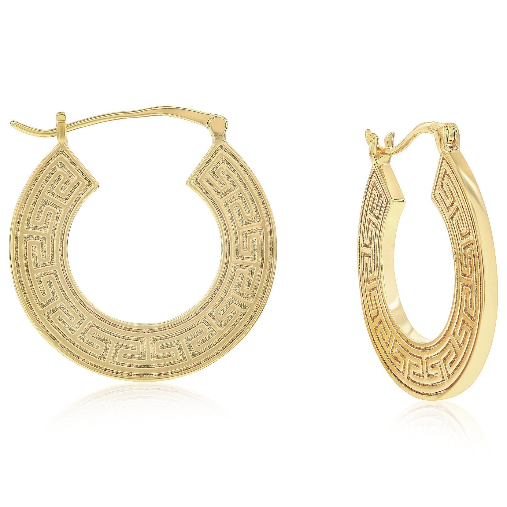 Gold hoop earrings featuring a Greek key design with latch back closures.