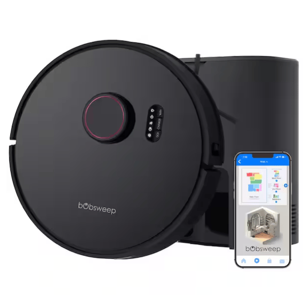 A Bobsweep robotic vacuum cleaner with a docking station is shown alongside a smartphone displaying its control app, featuring room layout and cleaning options.
