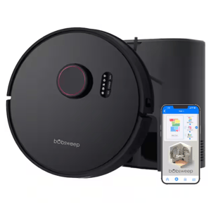 A Bobsweep robotic vacuum cleaner with a docking station is shown alongside a smartphone displaying its control app, featuring room layout and cleaning options.