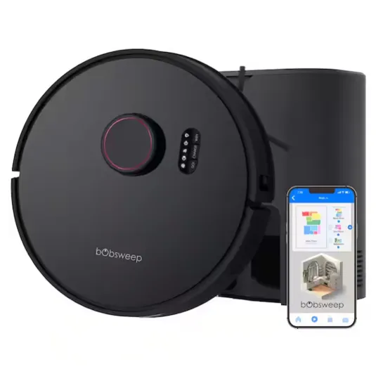 A Bobsweep robotic vacuum cleaner with a docking station is shown alongside a smartphone displaying its control app, featuring room layout and cleaning options.