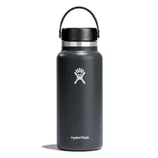 A dark gray Hydro Flask water bottle featuring a wide mouth, screw-on lid, and carrying handle, with the brand's logo on the front.