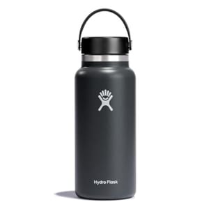 A dark gray Hydro Flask water bottle featuring a wide mouth, screw-on lid, and carrying handle, with the brand's logo on the front.