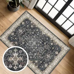 A patterned area rug with a classic design in dark and light tones is placed on a wooden floor next to a large window, accompanied by a close-up inset highlighting the intricate details.