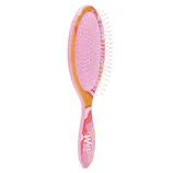 Pink hairbrush with a colorful handle and flexible bristles designed for detangling wet hair.