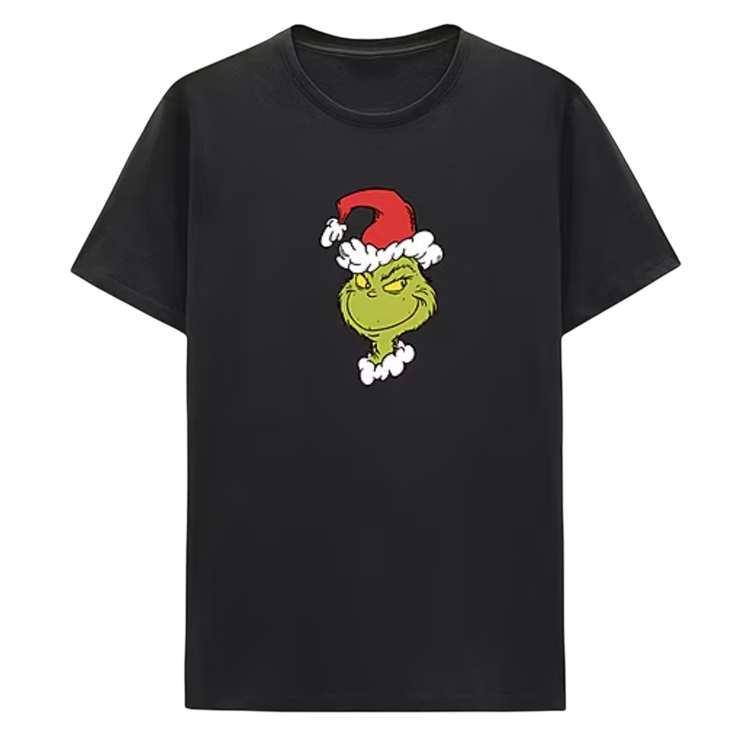 A black T-shirt featuring a green, grinning character with a Santa hat and fluffy white trim.