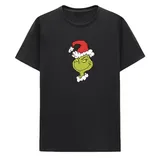 A black T-shirt featuring a green, grinning character with a Santa hat and fluffy white trim.