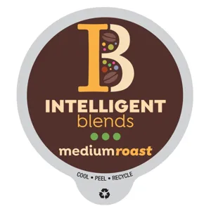 Intelligent Blends medium roast coffee pod with a focus on recycling; features a large \“B\“ with coffee bean graphics, promoting cooling, peeling, and recycling.