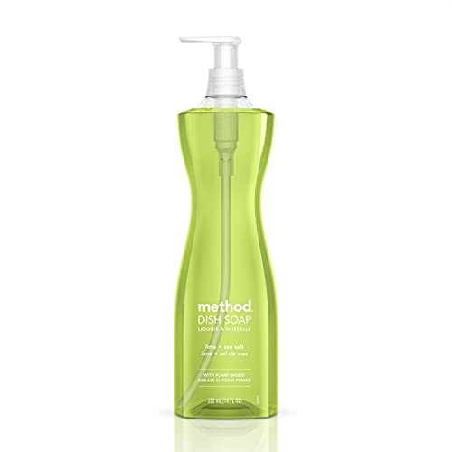 Method Lime & Sea Salt Dish Soap comes in a distinctive, slender, green bottle with a white pump dispenser.