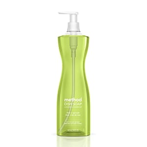 Method Lime & Sea Salt Dish Soap comes in a distinctive, slender, green bottle with a white pump dispenser.