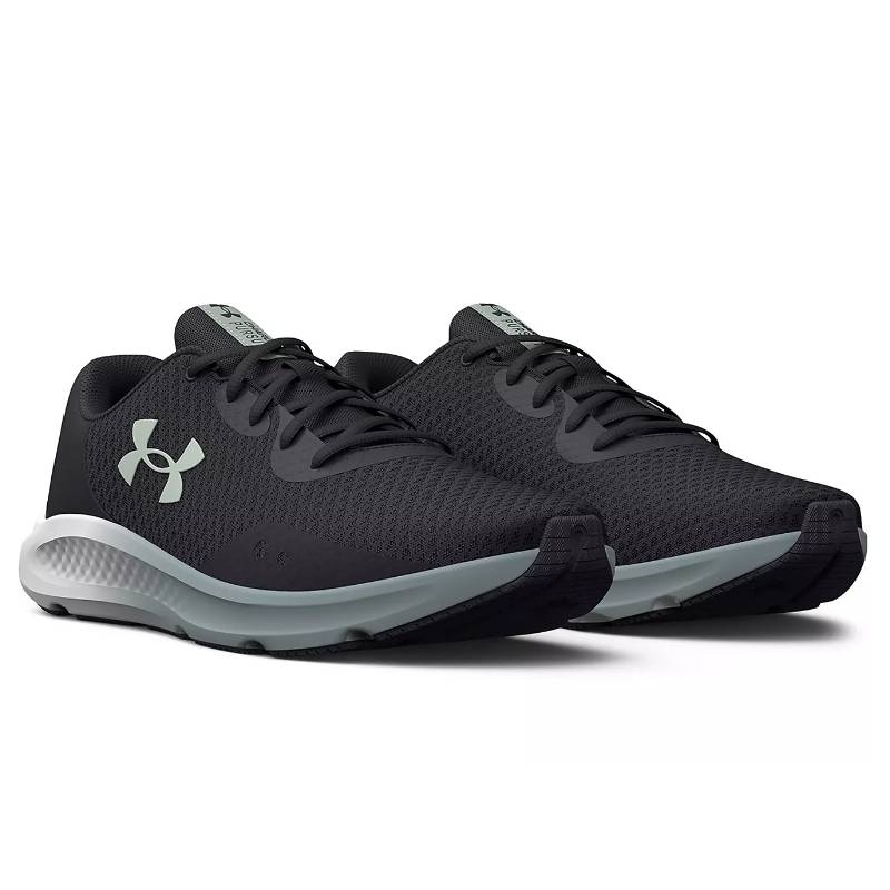 A pair of black Under Armour sneakers with white soles and the brand's logo on the side.