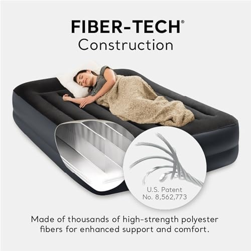 Air mattress with Fiber-Tech Construction for support and comfort, featuring high-strength polyester fibers and U.S. Patent No. 8,562,773.
